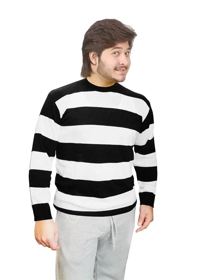 Unisex Black and White Stripe Convict Knitted Jumper - thefancydress.co.uk