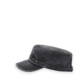 Unisex cotton cadet hat in vintage black or khaki tan. Military-style flat top with curved brim, adjustable strap, and UV protection for streetwear or festival outfits.