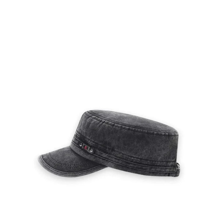 Unisex cotton cadet hat in vintage black or khaki tan. Military-style flat top with curved brim, adjustable strap, and UV protection for streetwear or festival outfits.