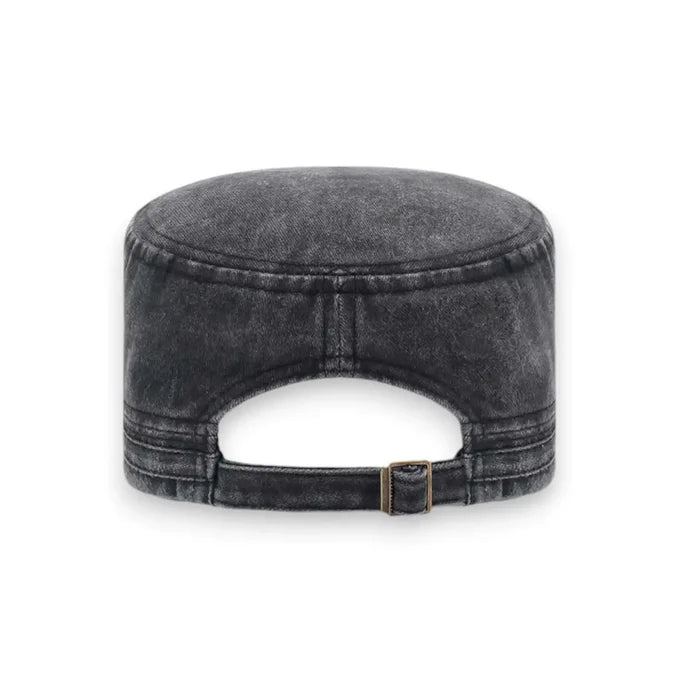 Unisex cotton cadet hat in vintage black or khaki tan. Military-style flat top with curved brim, adjustable strap, and UV protection for streetwear or festival outfits.