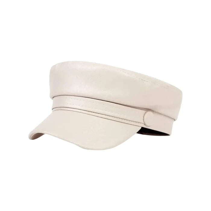 Unisex faux leather baker boy hat with structured crown, curved brim and button strap band beige - one size