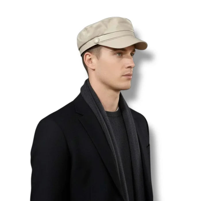 Unisex faux leather baker boy hat with structured crown, curved brim and button strap band beige -one size