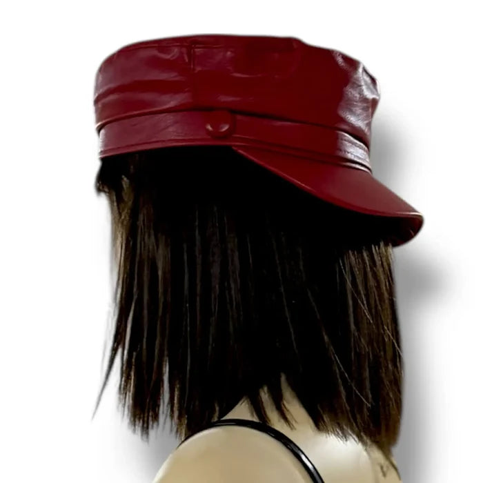 Unisex faux leather baker boy hat with structured crown, curved brim and button strap band  dark red - one size