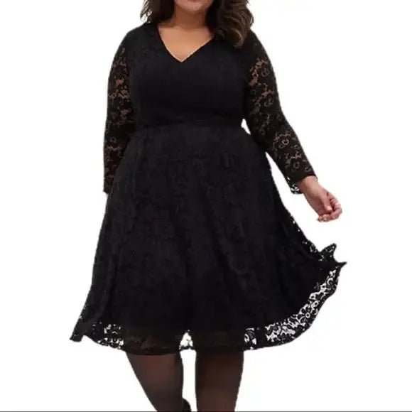 V Neck Black Lace Fit & Flare Dress
