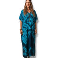 Women's V Neck Blue Long Kaftan Dress Cover Up in blue teal print with side split hems / one size fits most