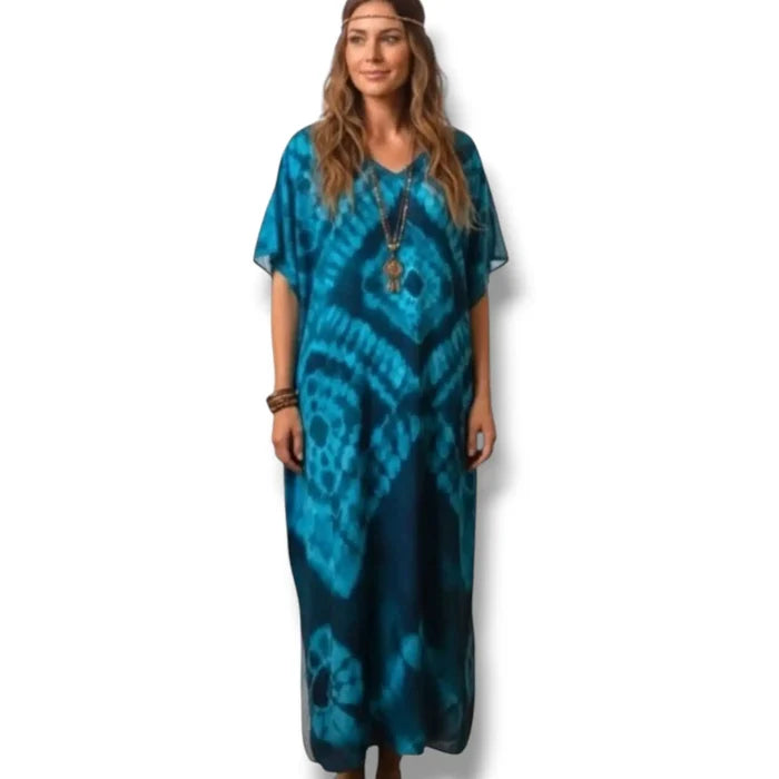 Women's V Neck Blue Long Kaftan Dress Cover Up in blue teal print with side split hems / one size fits most