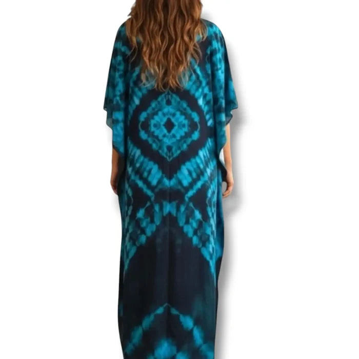 Women's V Neck Blue Long Kaftan Dress Cover Up in blue teal print with side split hems / one size fits most