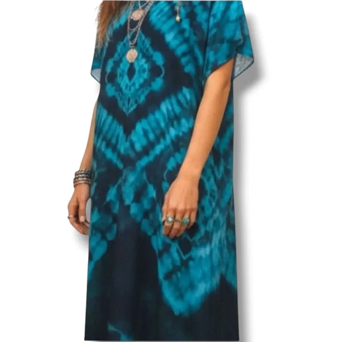 Women's V Neck Blue Long Kaftan Dress Cover Up in blue teal print with side split hems / one size fits most