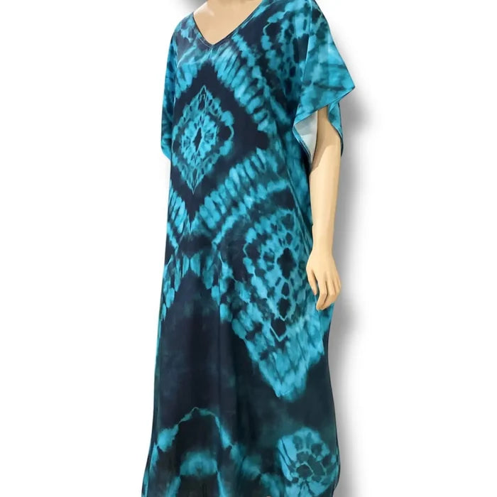 Women's V Neck Blue Long Kaftan Dress Cover Up in blue teal print with side split hems / one size fits most
