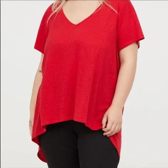V Neck Short Sleeve Hi-low Round Hemline Red Comfy Casual Top Plus Size 2XL - Wild Time Fashion