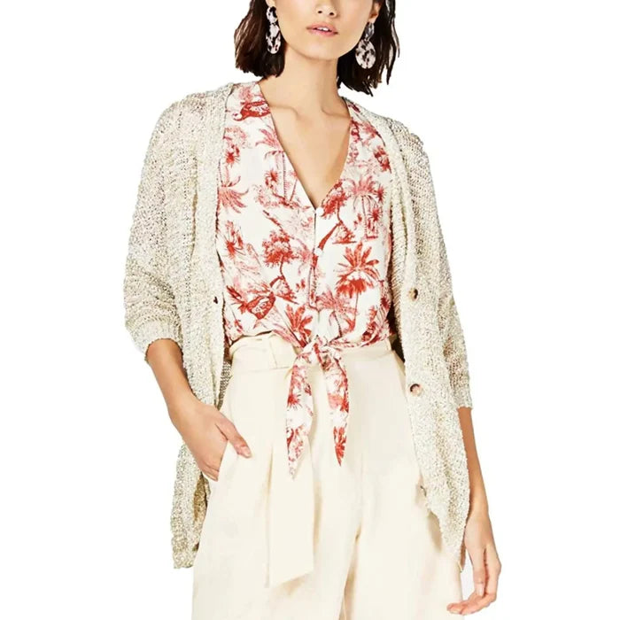 Gold White Button Down Jacquard Knit Cardigan