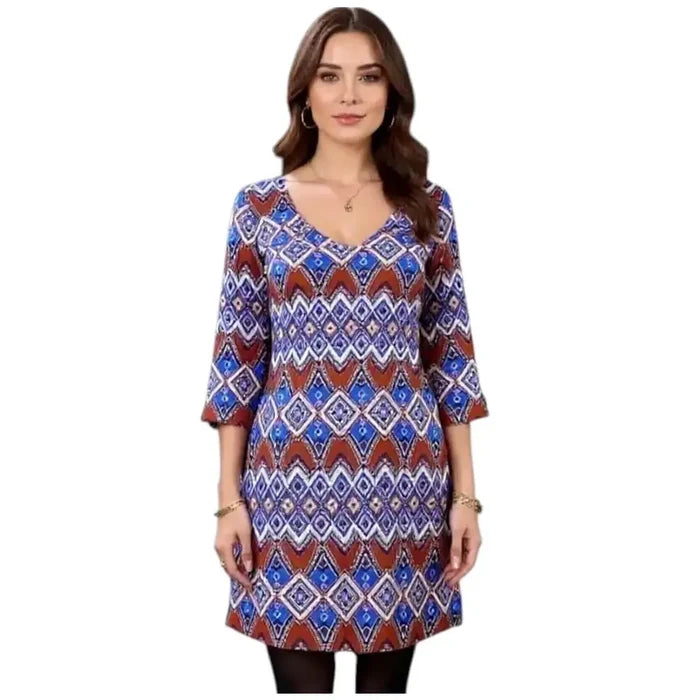 Women's V-Neck Colorful Geo Tunic Dress with 3/4 sleeves and boho western print s-m-l