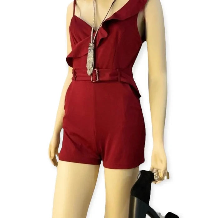 V Neck Ruffle Fitted Shorts Rompers Outfit- Wild Time Fashion