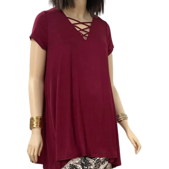 V Neck Short Sleeve A-line Tunic Top
