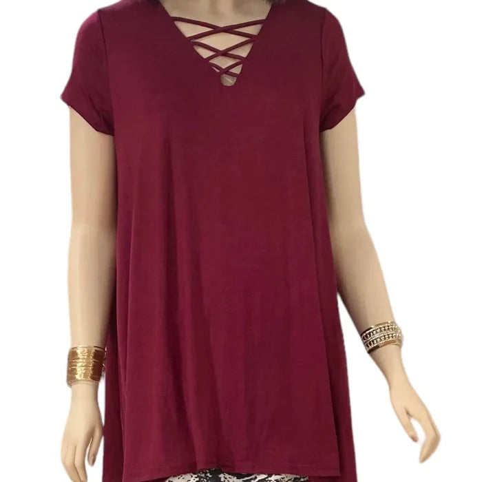 V Neck Short Sleeve A-line Tunic Top