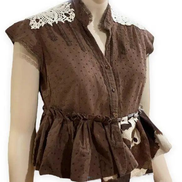 V-Neck Short Sleeve Button Down Ruffle Trim Shirt