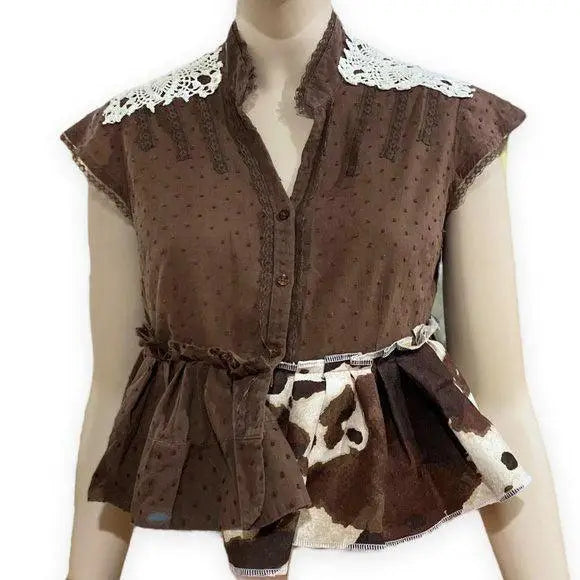 V-Neck Short Sleeve Button Down Ruffle Trim Shirt