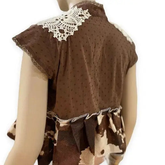 V-Neck Short Sleeve Button Down Ruffle Trim Shirt