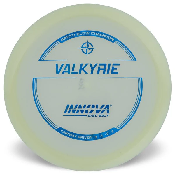 Glowing disc golf disc with 'Valkyrie' and 'Innova' branding on a white background