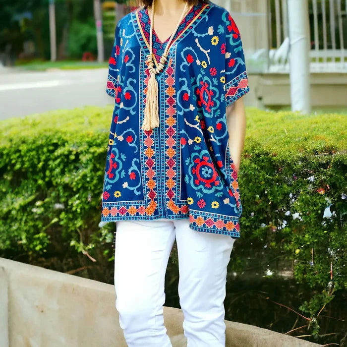Vibrant Blue Boho Western Tunic Blouse with floral geo print butterfly sleeves and deep V back