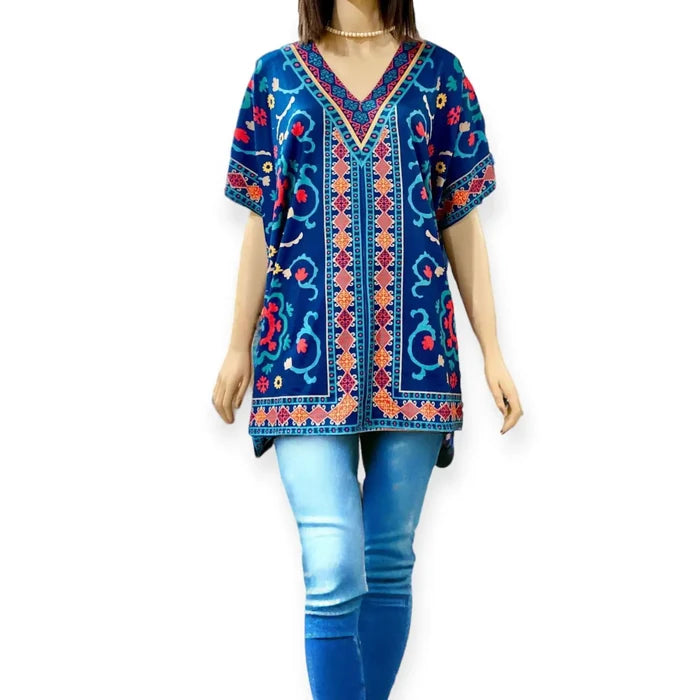 Vibrant Blue Boho Western Tunic Blouse with floral geo print butterfly sleeves and deep V back