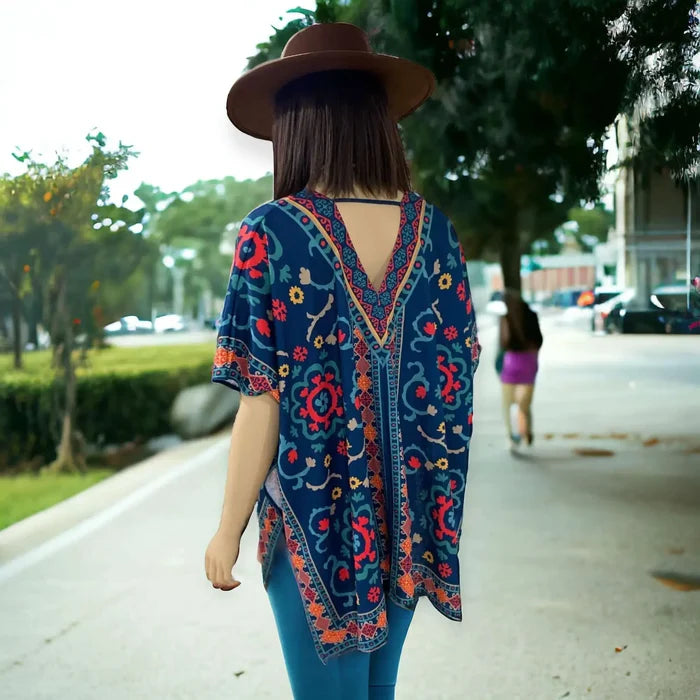 Vibrant Blue Boho Western Tunic Blousewith floral geo print butterfly sleeves and deep V back