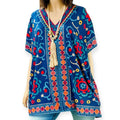 Vibrant Blue Boho Western Tunic Blouse with floral geo print butterfly sleeves and deep V back