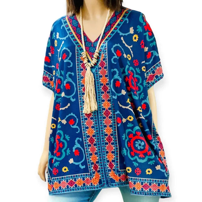Vibrant Blue Boho Western Tunic Blouse with floral geo print butterfly sleeves and deep V back