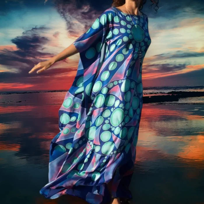 Vibrant Color Cotton Long Beach Cover Up blue psychedelic maxi kaftan dress