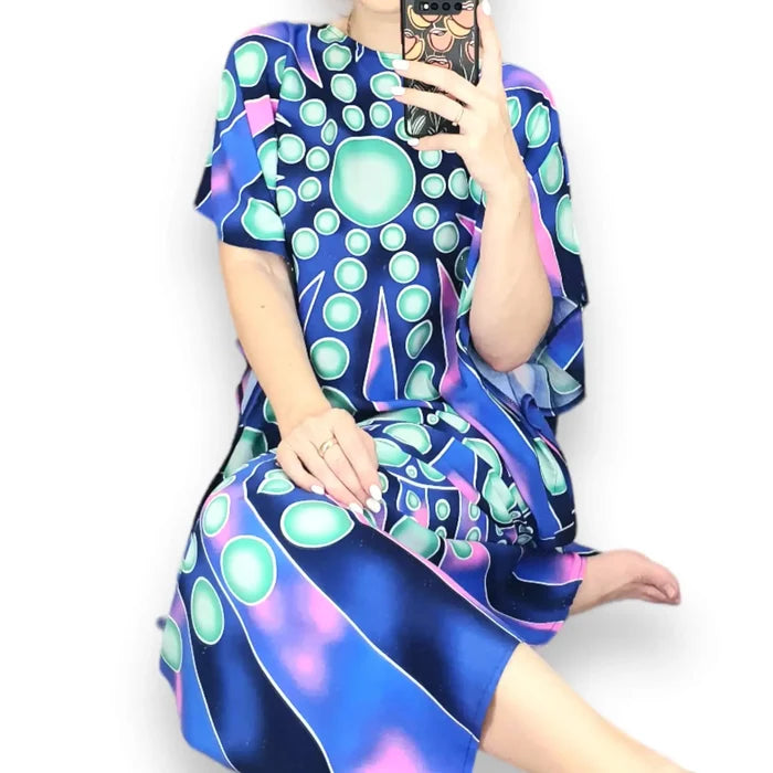 Vibrant Color Cotton Long Beach Cover Up blue psychedelic maxi kaftan dress
