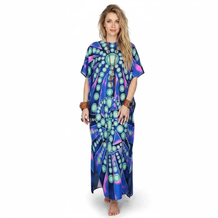 Vibrant Color Cotton Long Beach Cover Up blue psychedelic maxi kaftan dress
