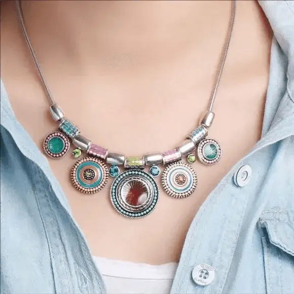 Women's Vibrant Multicolored Tribal Necklace 18" - Wild Time Fashion