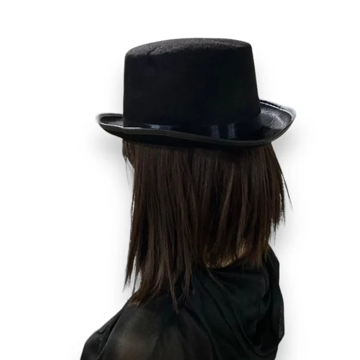Victorian Black Felt Top Hat with stiff brim, satin hatband, faux leather trim, and flat-top crown