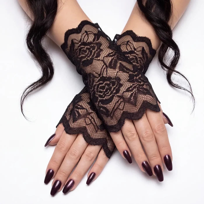 Victorian Black Floral Lace Wrist Gloves - Black / One size / Female - Fingerless Gloves