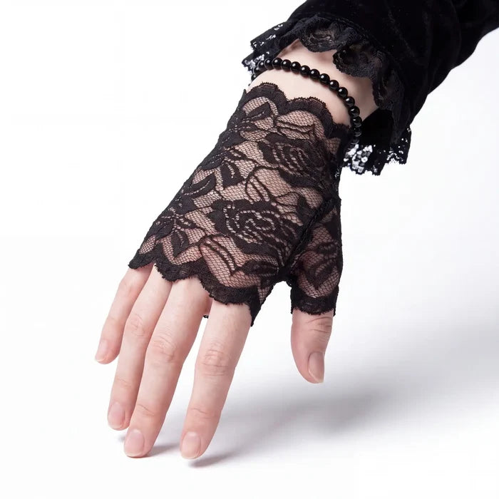 Victorian Black Floral Lace Wrist Gloves - Black / One size / Female - Fingerless Gloves