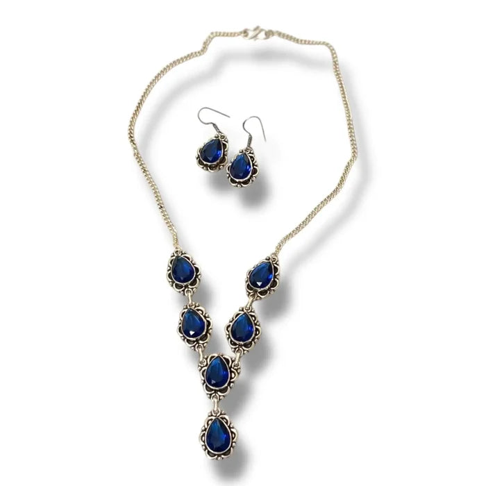 Victorian Sterling Silver Blue Crystal Y Necklace Set with dark royal blue teardrop crystals and matching dangle earrings