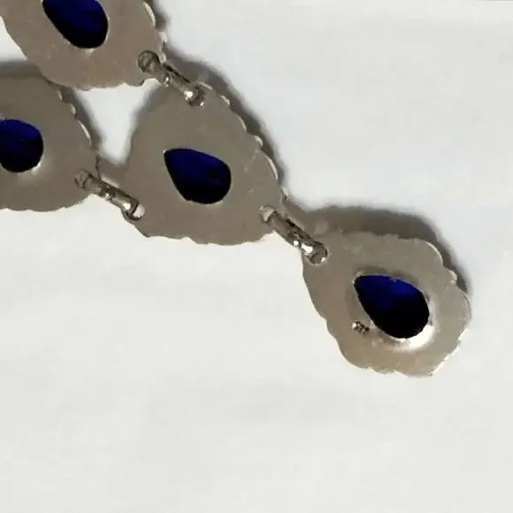 Victorian Sterling Silver Blue Crystal Y Necklace Set with dark royal blue teardrop crystals and matching dangle earrings