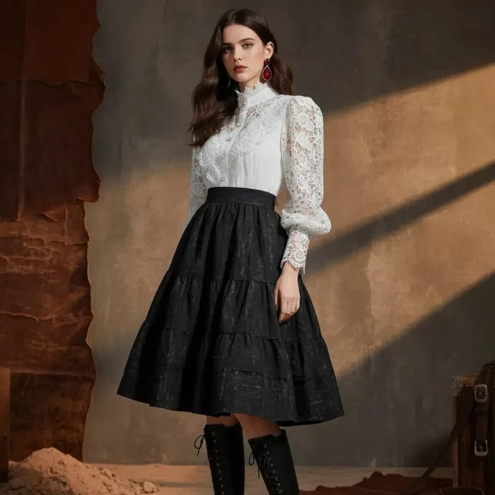 woman's Victorian White Lace Button Up Blouse with frill collar and lantern sleeves / medium / fitted