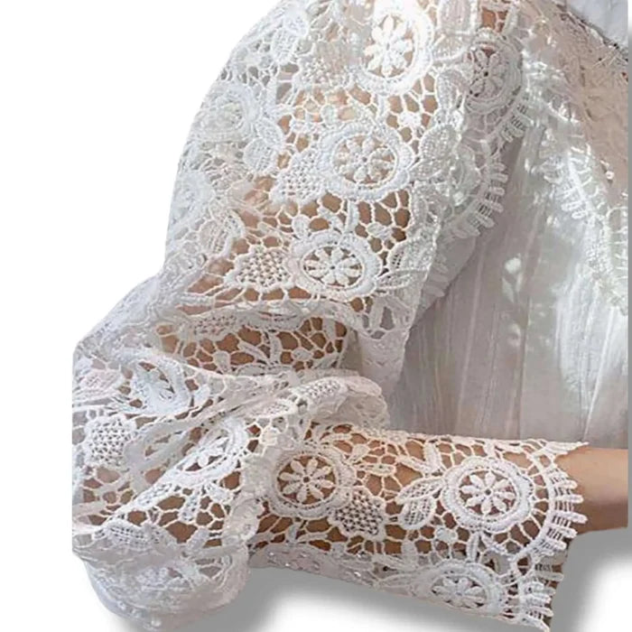 woman's Victorian White Lace Button Up Blouse with frill collar and lantern sleeves / medium / fitted