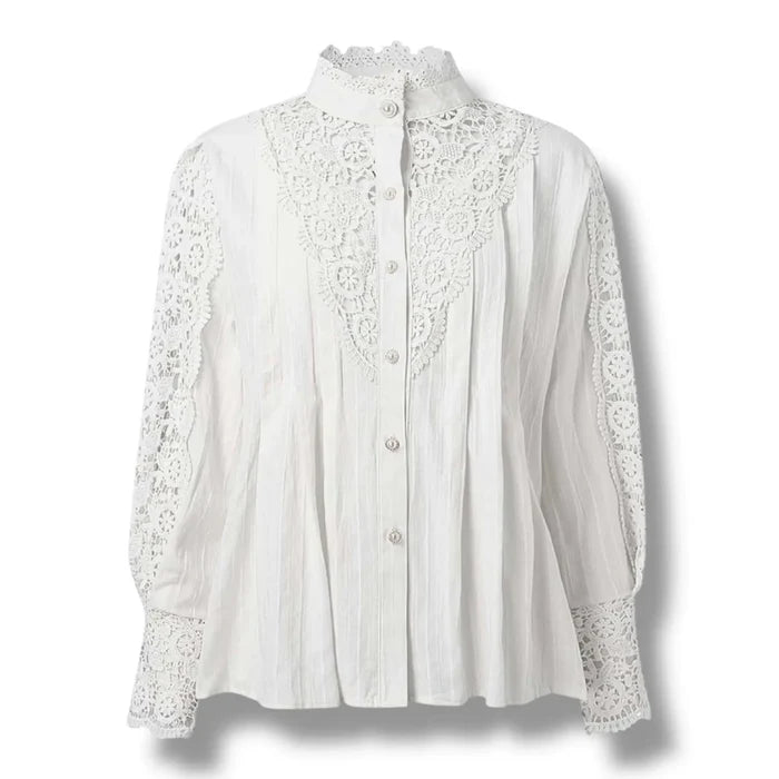 woman's Victorian White Lace Button Up Blouse with frill collar and lantern sleeves / medium / fitted