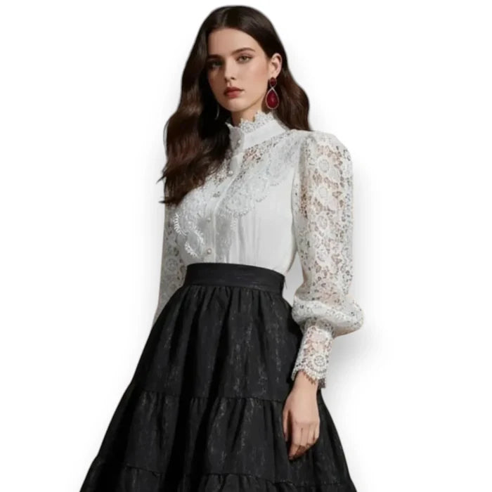 woman's Victorian White Lace Button Up Blouse with frill collar and lantern sleeves / medium / fitted