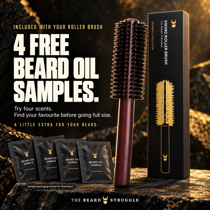 Viking Roller Beard Brush with its box and four free beard oil sample sachets, headline 4 Free Beard Oil Samples