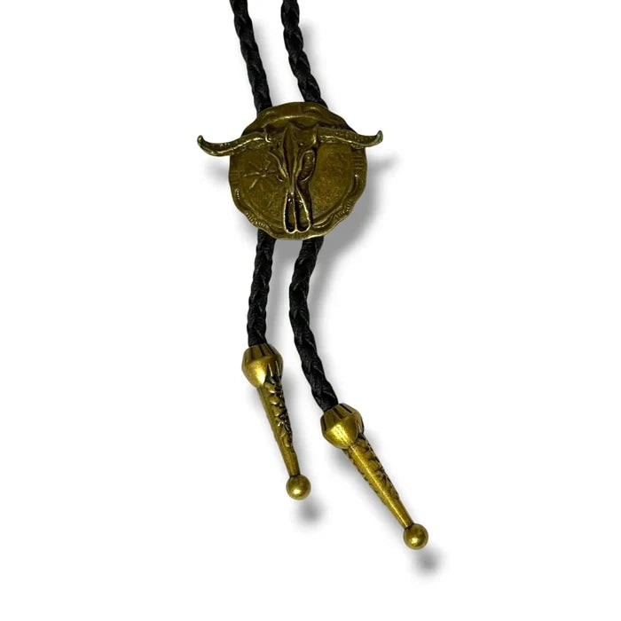 vintage antique steer head necktie bolo tie with longhorn cow skull pendant black braided faux leather cord and antique metal tips western gold unisex necklace