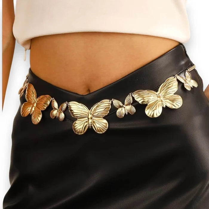 Vintage butterfly metal waist chain belt in gold or silver with layered butterfly charms for Y2K boho styling