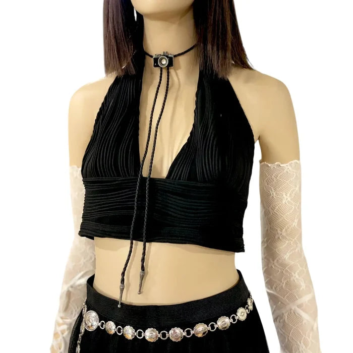 vintage camera bolo tie with braided faux-leather cord and antique silver tips, adjustable necktie