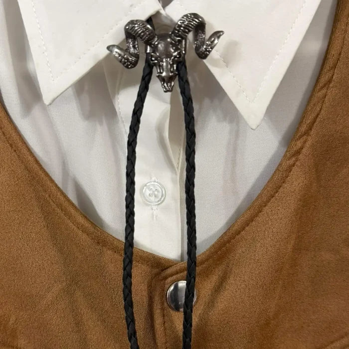 Vintage Cow Skull Ram Necktie - Silver/Black / Unisex / Ram Skull Bolo Tie - Bolo Ties