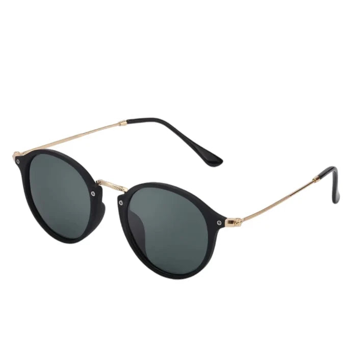 Vintage Round Black Gold Frame Sunglasses with gray UV400 lenses, matte black rims, and slim gold metal arms