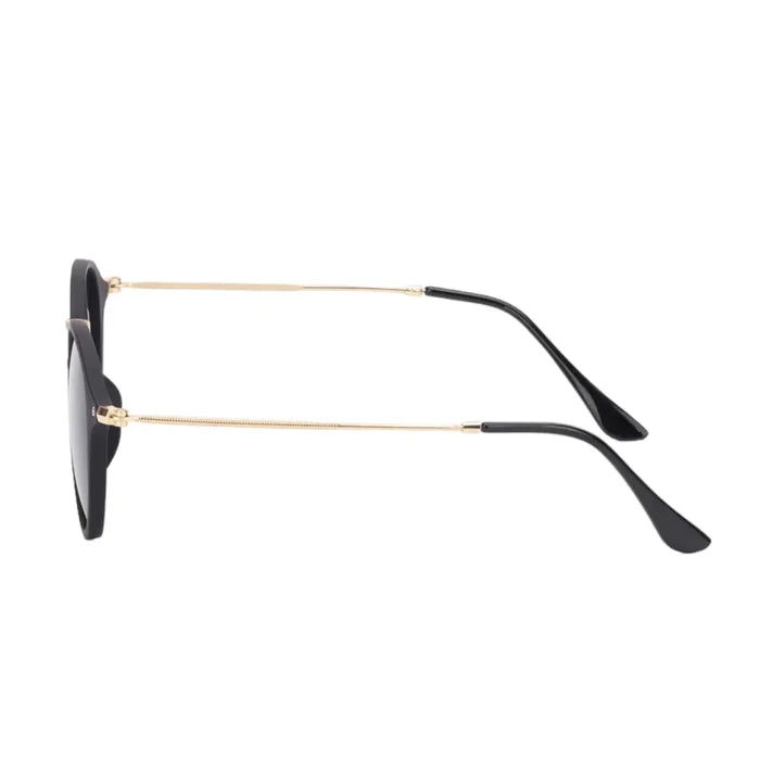 Vintage Round Black Gold Frame Sunglasses with gray UV400 lenses, matte black rims, and slim gold metal arms