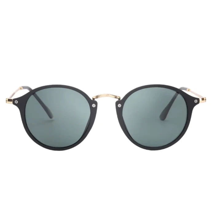 Vintage Round Black Gold Frame Sunglasses with gray UV400 lenses, matte black rims, and slim gold metal arms