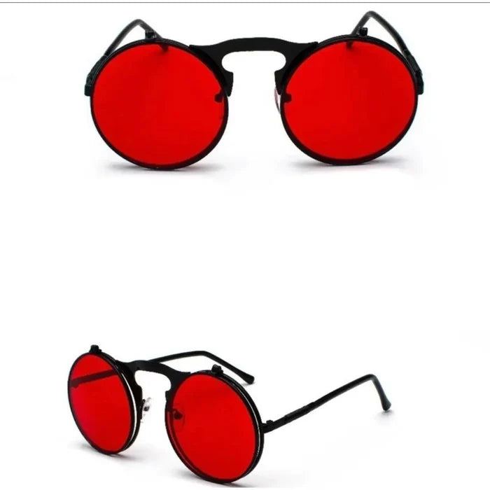 Red black frame Vintage Round Flip Up Gray Sunglasses with UV400 lenses, metal frame, adjustable nose pads, and steampunk style